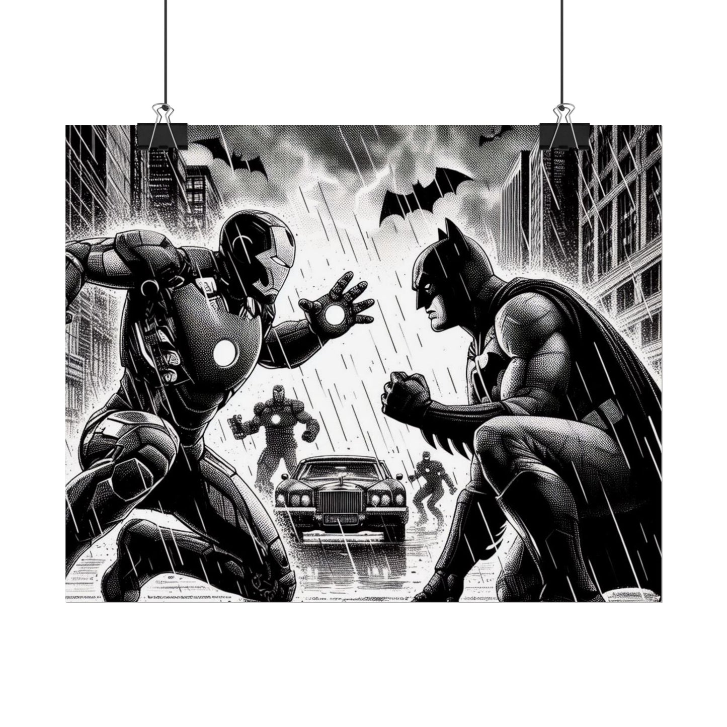 Batman VS Ironman Rolled Poster - Heroic Black and White Wall Art for DC Fans