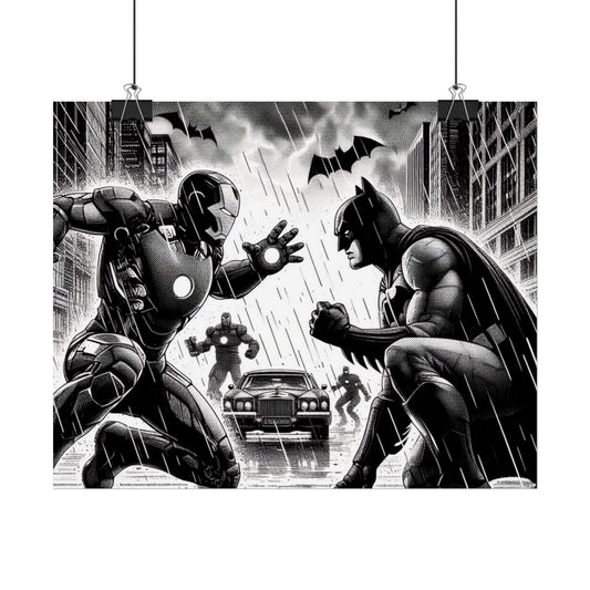 Batman VS Ironman Rolled Poster - Heroic Black and White Wall Art for DC Fans